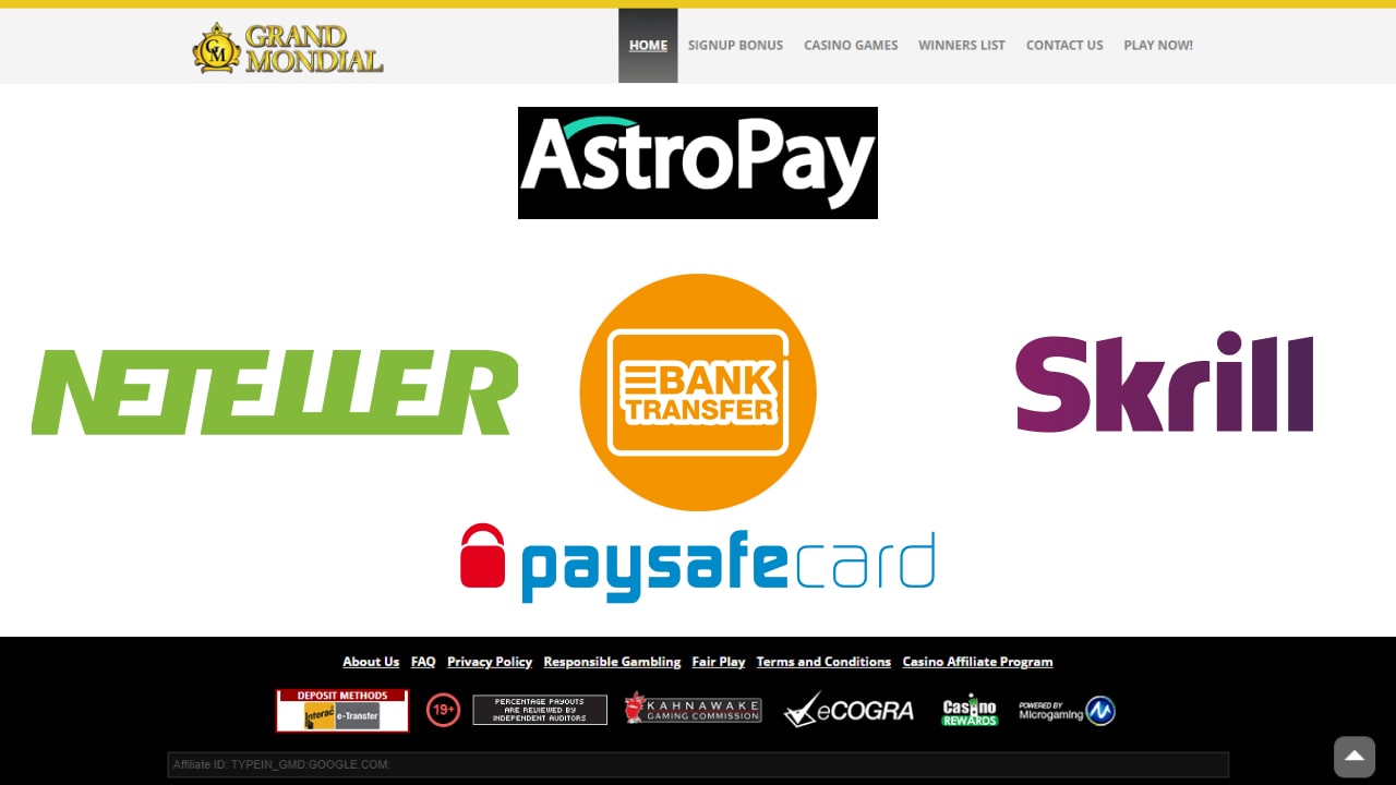 Grand mondial casino payment methods